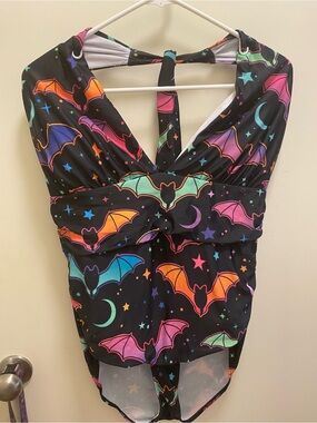 Womens goth One-Piece Swimsuit with Neon Bat Print - Black